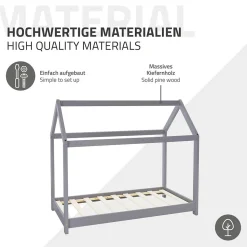 Lit d'enfant ML-Design 70x140 cm gris clair bois de pin massif structure maison avec toit et sommier