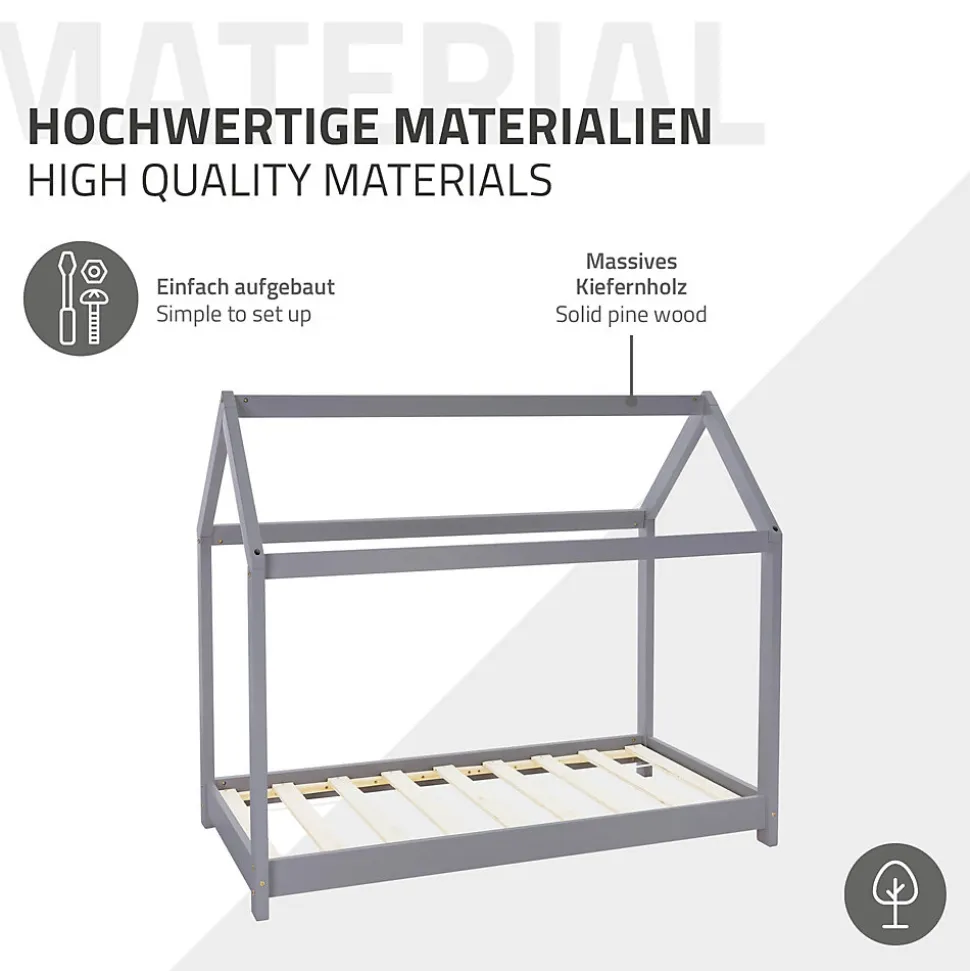 Lit d'enfant ML-Design 70x140 cm gris clair bois de pin massif structure maison avec toit et sommier