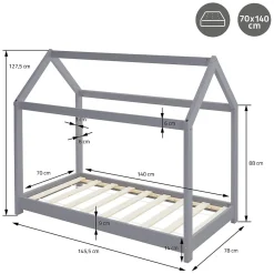 Lit d'enfant ML-Design 70x140 cm gris clair bois de pin massif structure maison avec toit et sommier