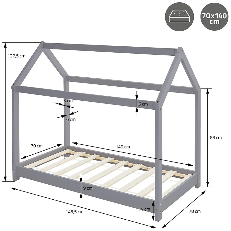 Lit d'enfant ML-Design 70x140 cm gris clair bois de pin massif structure maison avec toit et sommier