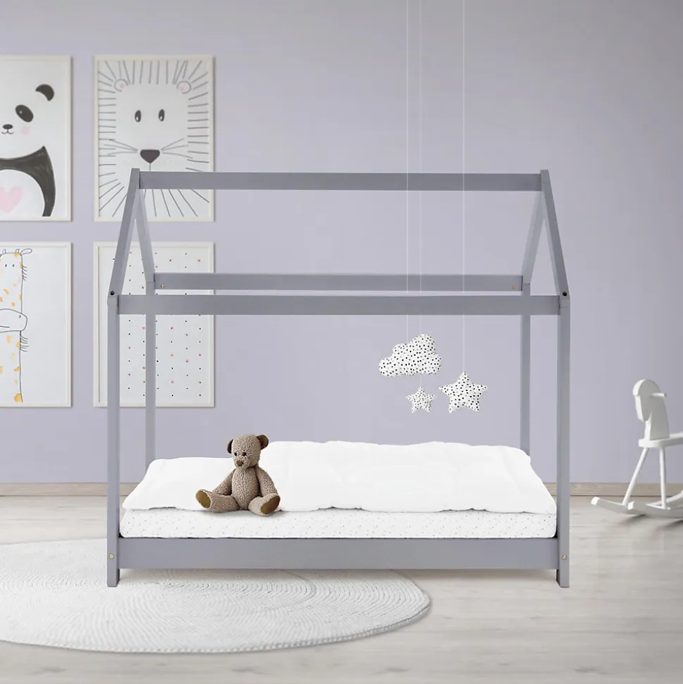 Lit d'enfant ML-Design 70x140 cm gris clair bois de pin massif structure maison avec toit et sommier