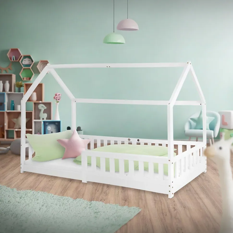 Lit d'enfant ML-Design 90x200 cm blanc en bois de pin avec toit et sommier protection contre chutes