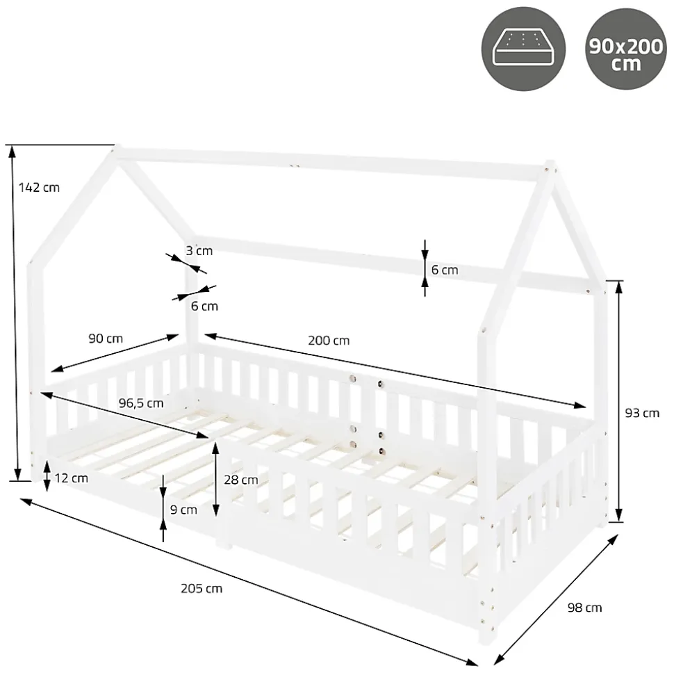 Lit d'enfant ML-Design 90x200 cm blanc en bois de pin avec toit et sommier protection contre chutes