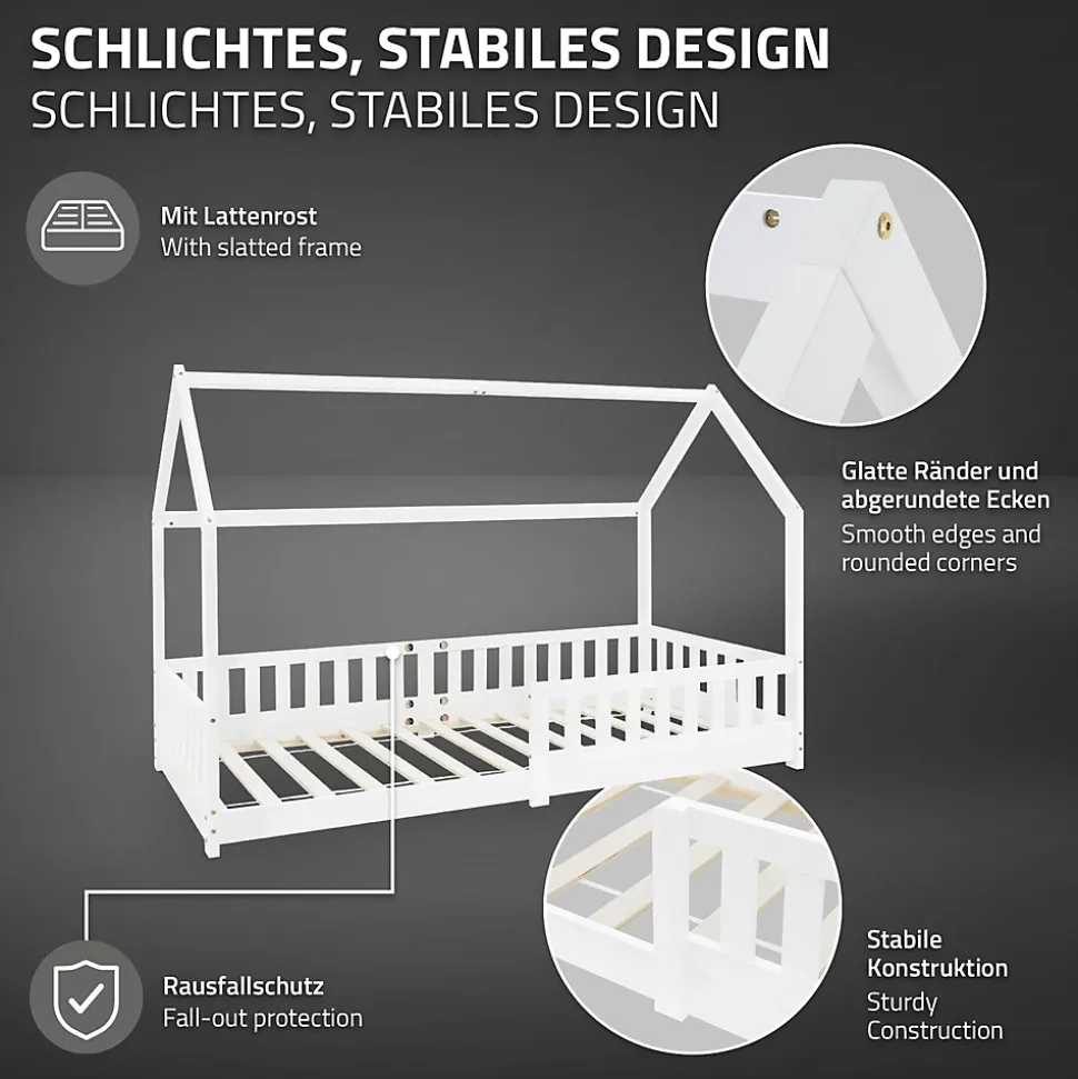 Lit d'enfant ML-Design 90x200 cm blanc en bois de pin avec toit et sommier protection contre chutes