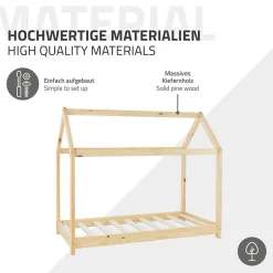 Lit d'enfant ML-Design 70x140 cm naturel en bois de pin massif structure maison avec toit et sommier
