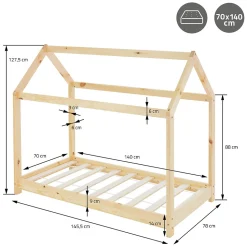 Lit d'enfant ML-Design 70x140 cm naturel en bois de pin massif structure maison avec toit et sommier