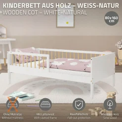 Lit d'enfant ML-Design 80x160 cm blanc-naturel en bois de pin avec sommier à lattes sans matelas