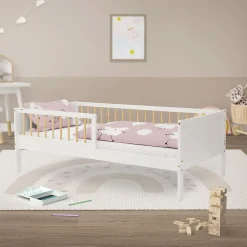 Lit d'enfant ML-Design 80x160 cm blanc-naturel en bois de pin avec sommier à lattes sans matelas