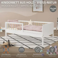 Lit d'enfant ML-Design 70x140 cm blanc-naturel en bois de pin avec sommier à lattes sans matelas