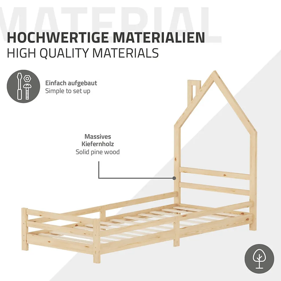Lit d'enfant ML-Design 90x200 cm naturel forme maison bois de pin avec sommier à lattes sans matelas
