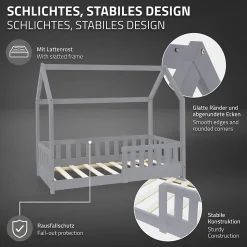 Lit d'enfant ML-Design 140x70cm gris clair bois de pin avec toit et sommier protection contre chutes