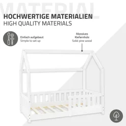 Lit d'enfant ML-Design 140x70cm blanc en bois de pin avec toit et sommier protection contre chutes