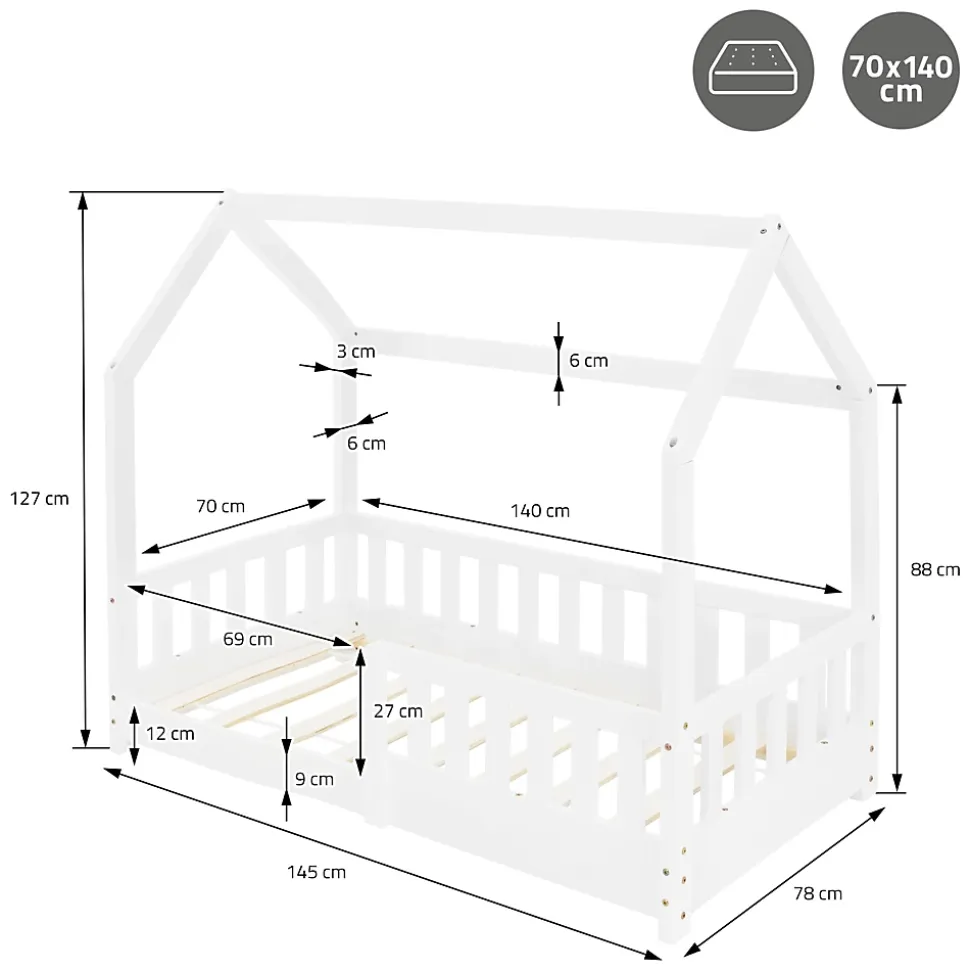 Lit d'enfant ML-Design 140x70cm blanc en bois de pin avec toit et sommier protection contre chutes