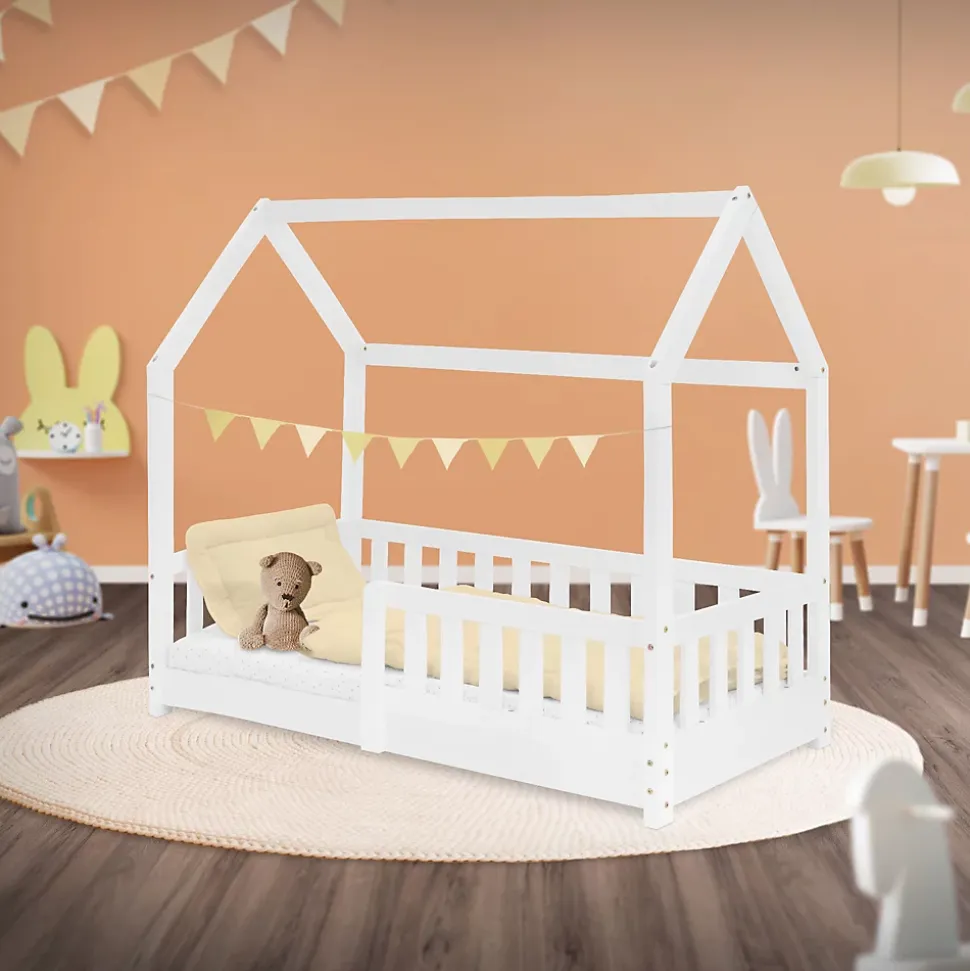 Lit d'enfant ML-Design 140x70cm blanc en bois de pin avec toit et sommier protection contre chutes