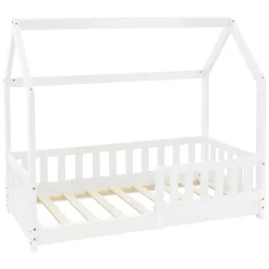 Lit d'enfant ML-Design 140x70cm blanc en bois de pin avec toit et sommier protection contre chutes
