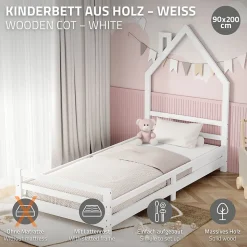 Lit d'enfant ML-Design 90x200cm blanc forme maison en bois de pin avec sommier à lattes sans matelas