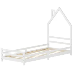 Lit d'enfant ML-Design 90x200cm blanc forme maison en bois de pin avec sommier à lattes sans matelas