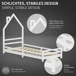 Lit d'enfant ML-Design 90x200cm blanc forme maison en bois de pin avec sommier à lattes sans matelas