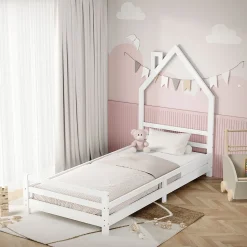 Lit d'enfant ML-Design 90x200cm blanc forme maison en bois de pin avec sommier à lattes sans matelas