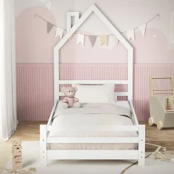 Lit d'enfant ML-Design 90x200cm blanc forme maison en bois de pin avec sommier à lattes sans matelas