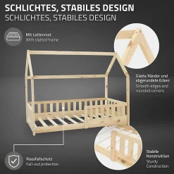 Lit d'enfant ML-Design 160x80cm naturel en bois de pin avec toit et sommier protection contre chutes