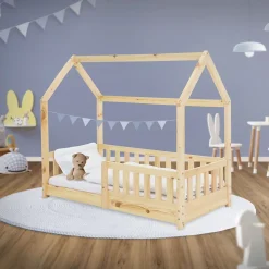 Lit d'enfant ML-Design 140x70cm naturel en bois de pin avec toit et sommier protection contre chutes