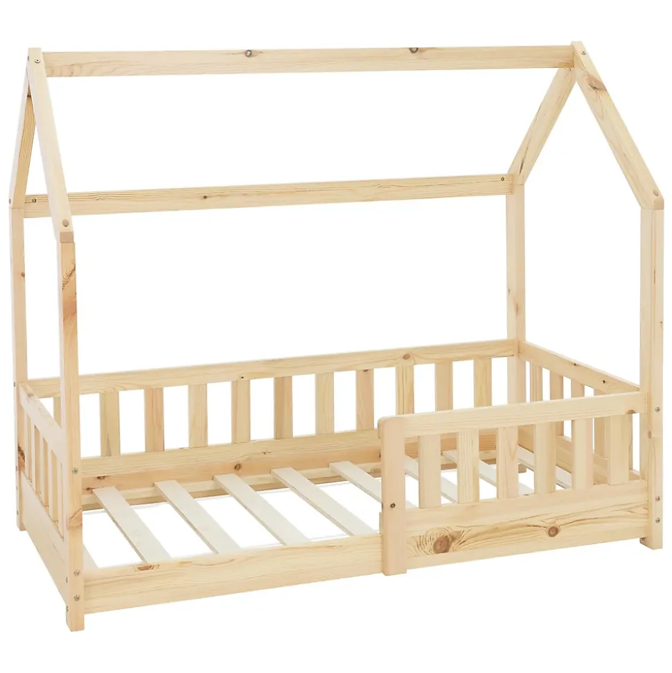 Lit d'enfant ML-Design 140x70cm naturel en bois de pin avec toit et sommier protection contre chutes
