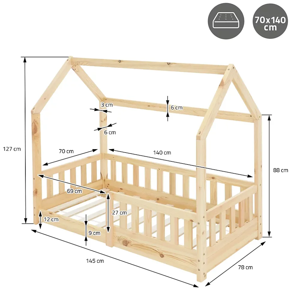 Lit d'enfant ML-Design 140x70cm naturel en bois de pin avec toit et sommier protection contre chutes