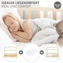 Lit d'enfant ML-Design 140x70cm naturel en bois de pin avec toit et sommier protection contre chutes