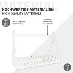 Lit d'enfants ML-Design Tipi 90x200 cm blanc indien en bois de pin avec sommier et clôture de jeu