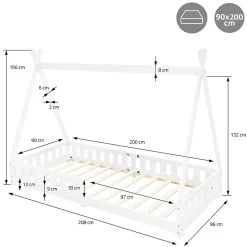 Lit d'enfants ML-Design Tipi 90x200 cm blanc indien en bois de pin avec sommier et clôture de jeu