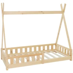 Lit d'enfants ML-Design Tipi 80x160 cm naturel maison en bois de pin avec sommier clôture de jeu