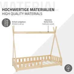 Lit d'enfants ML-Design Tipi 80x160 cm naturel maison en bois de pin avec sommier clôture de jeu