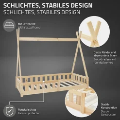 Lit d'enfants ML-Design Tipi 80x160 cm naturel maison en bois de pin avec sommier clôture de jeu