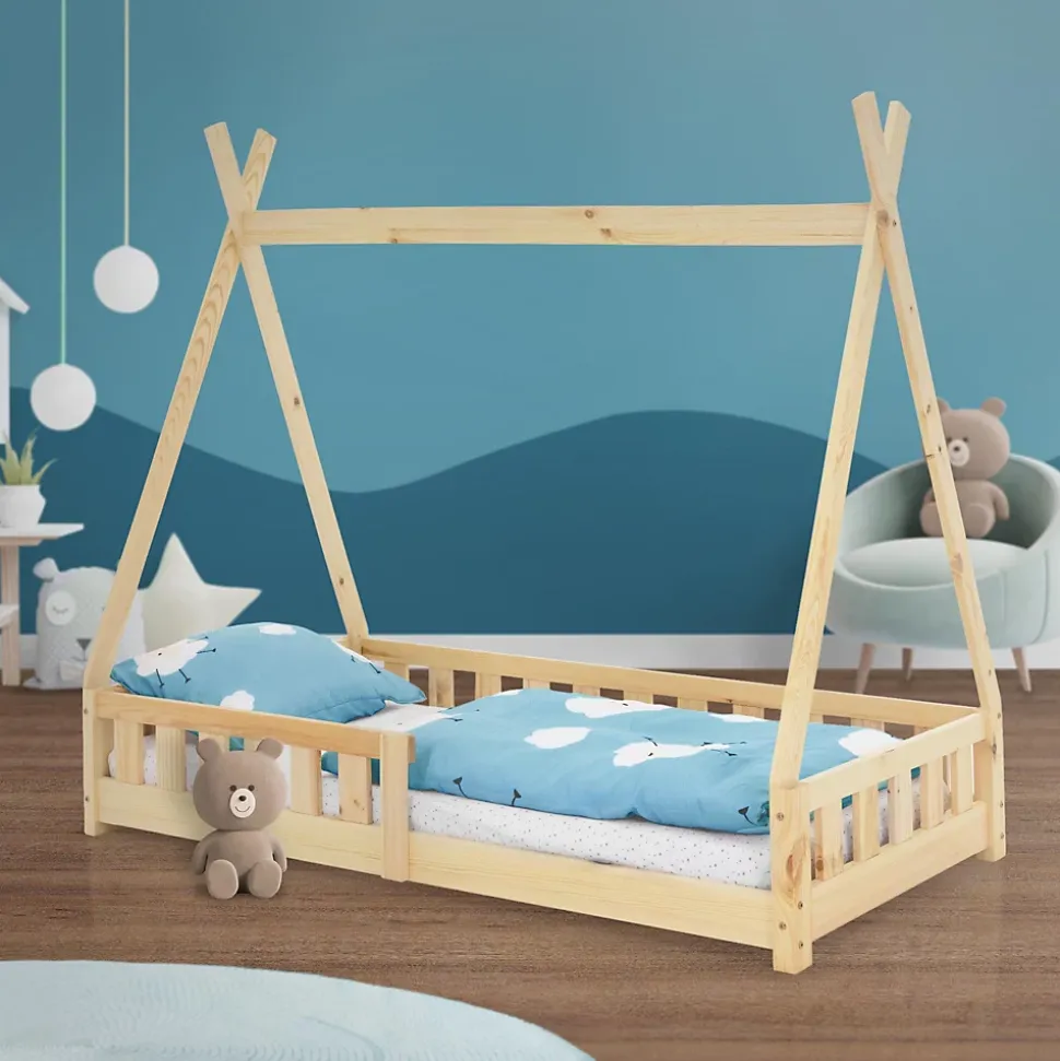 Lit d'enfants ML-Design Tipi 80x160 cm naturel maison en bois de pin avec sommier clôture de jeu