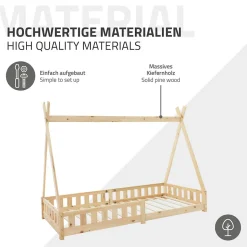 Lit d'enfants ML-Design Tipi 90x200 cm naturel indien en bois de pin avec sommier et clôture de jeu