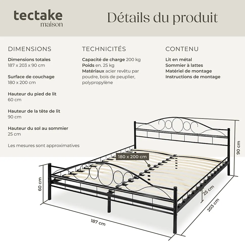 Lit design moderne avec sommier de Style romantique 180 x 200 cm noir