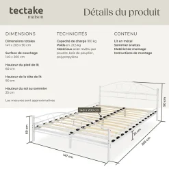 Lit design moderne avec sommier de Style romantique 140 x 200 cm blanc