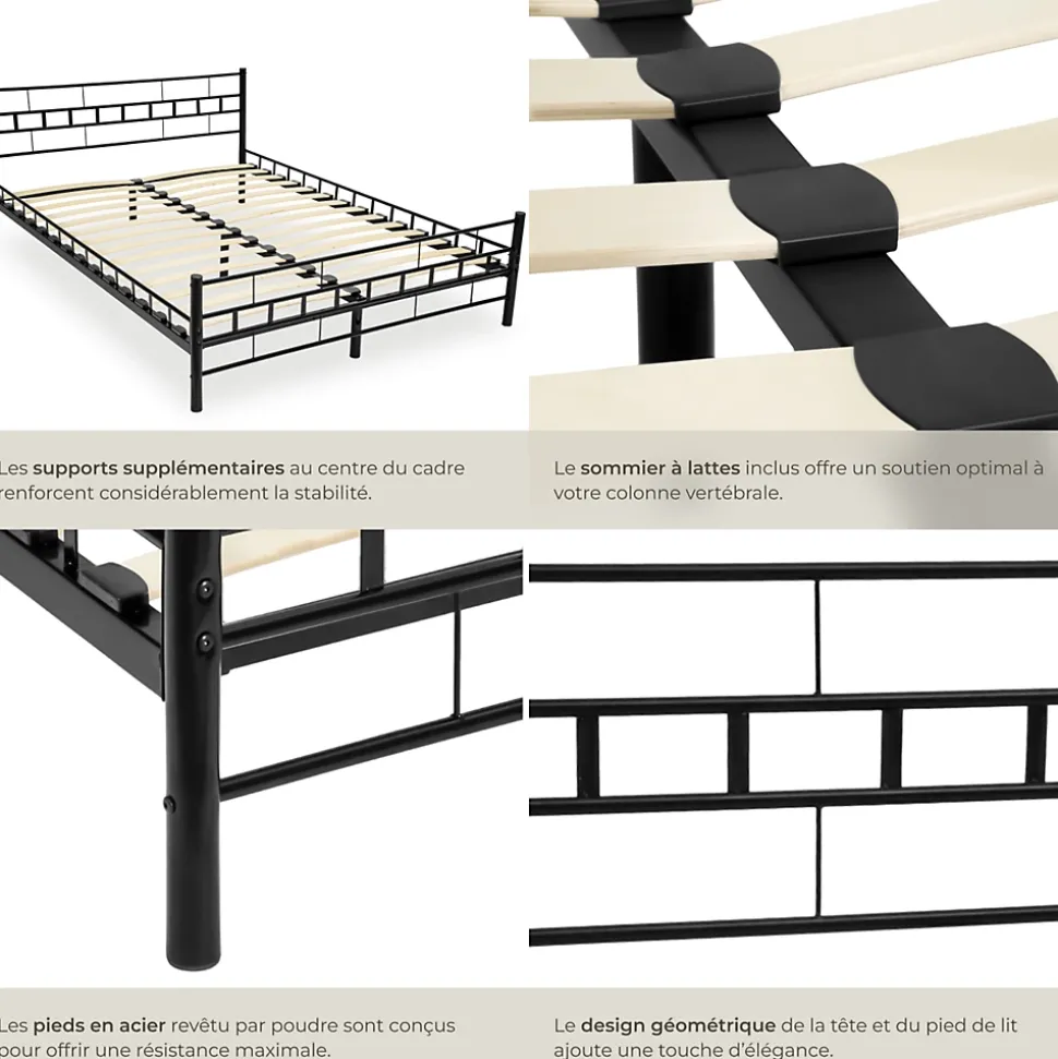 Lit design moderne en acier avec sommier 140 x 200 cm noir