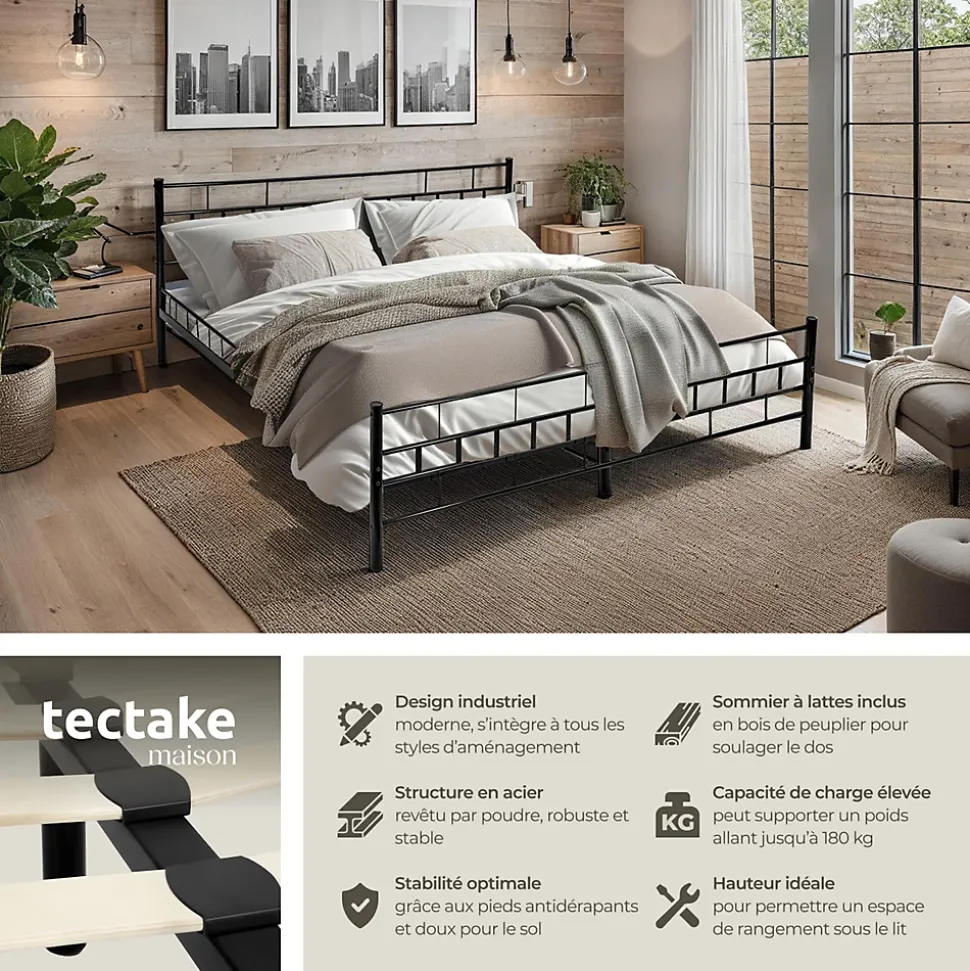 Lit design moderne en acier avec sommier 140 x 200 cm noir