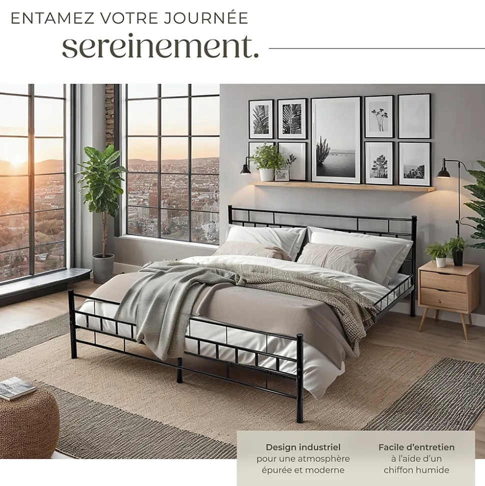 Lit design moderne en acier avec sommier 140 x 200 cm noir