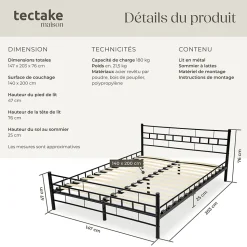Lit design moderne en acier avec sommier 140 x 200 cm noir