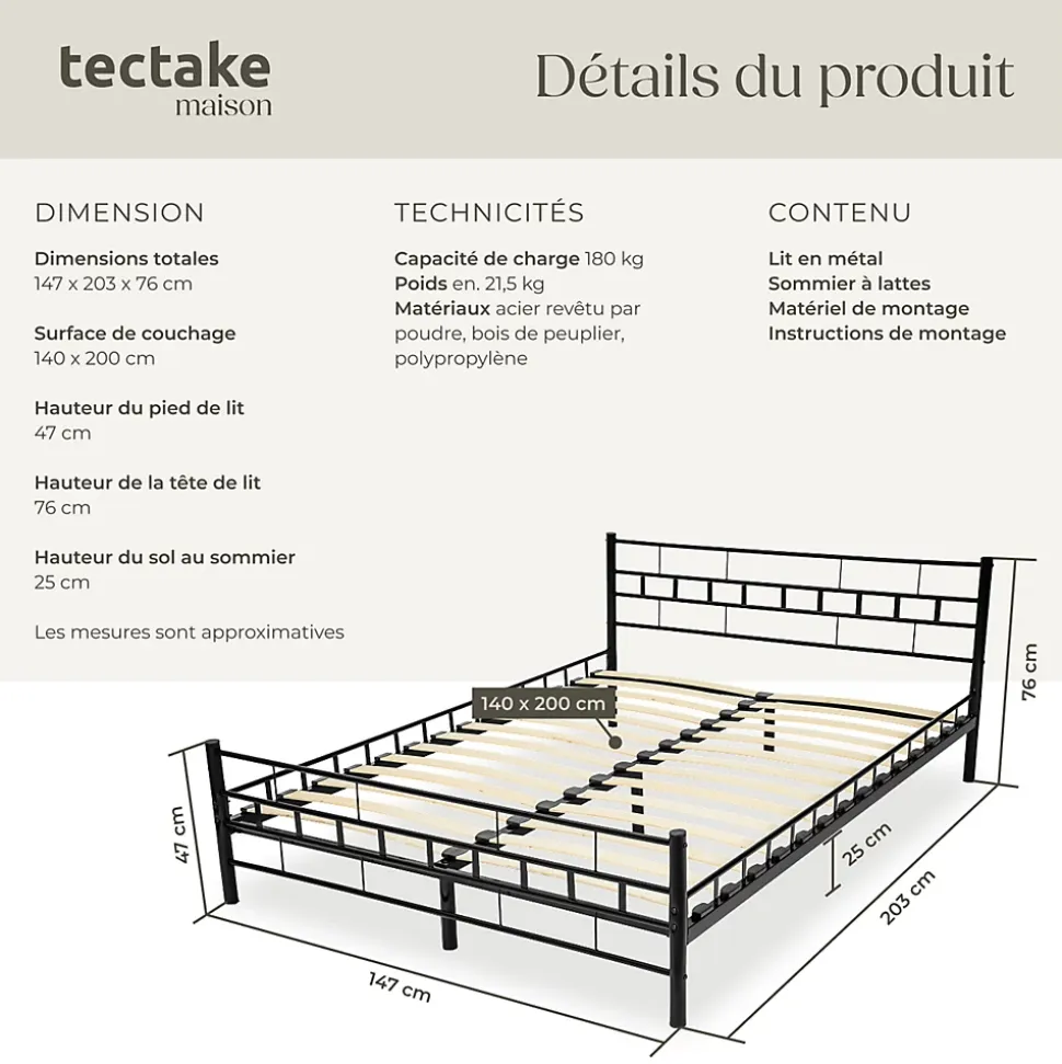 Lit design moderne en acier avec sommier 140 x 200 cm noir