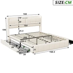 Lit double 160 x 200 avec 4 tiroir,Lit rembourré 160 x 200 avec chargement USB,PU,Beige