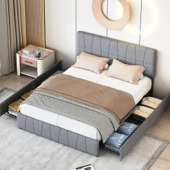 lit double 160 x 200 avec 4 tiroirs,lit capitonné avec sommier à lattes en bois,Tissu velours doux pour la peau,Gris