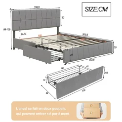 lit double 160 x 200 avec 4 tiroirs,lit capitonné avec sommier à lattes en bois,Tissu velours doux pour la peau,Gris
