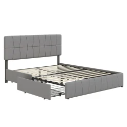 lit double 160 x 200 avec 4 tiroirs,lit capitonné avec sommier à lattes en bois,Tissu velours doux pour la peau,Gris