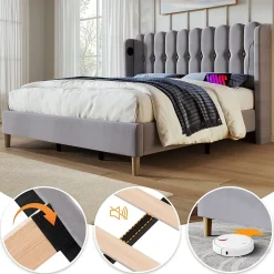 Lit Double 180 x 200 Cm - Lit Adult avec Chargement USB Type-C - Lin, MDF, Métal - Sans Matelas - Gris