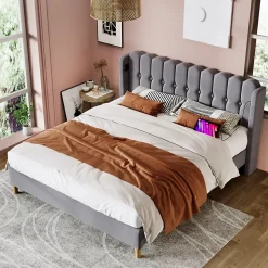 Lit Double 180 x 200 Cm - Lit Adult avec Chargement USB Type-C - Lin, MDF, Métal - Sans Matelas - Gris