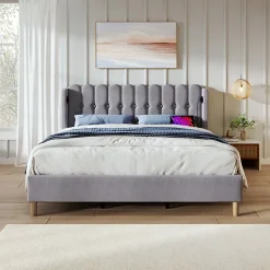 Lit Double 140 x 200 Cm - Lit Adult avec Chargement USB Type-C - Lin, MDF, Métal - Sans Matelas - Gris